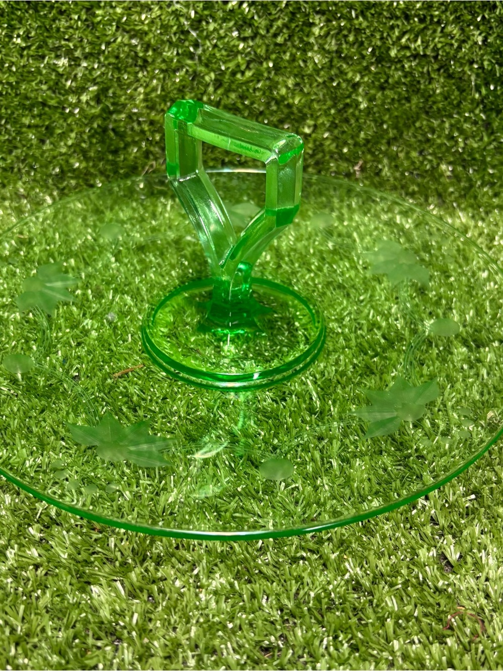 Vintage Uranium Green Glass Handled Octagon Sandwich Plate/Tidbit Tray/Display